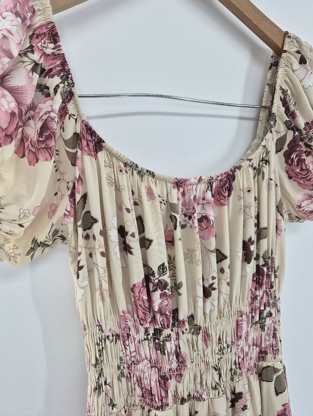 Cream Floral Mini Dress S Puff Sleeve Smocked Waist Coquette Cottagecore Prairie - Picture 8 of 14